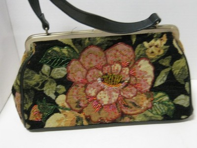 Vintage Maggi B Beaded Floral Tapestry Purse , Gold Hardware