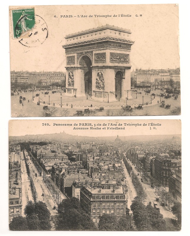 #A1460 Lot of 2 French Photo postcards Arc de Triumphe 1909 Paris Panorama Franc