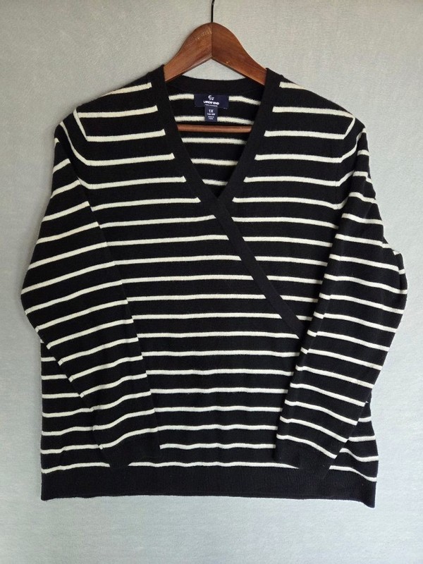 Lands' End 100% Cashmere Sweater Womens 1X Striped Faux Wrap Old Money Nautical