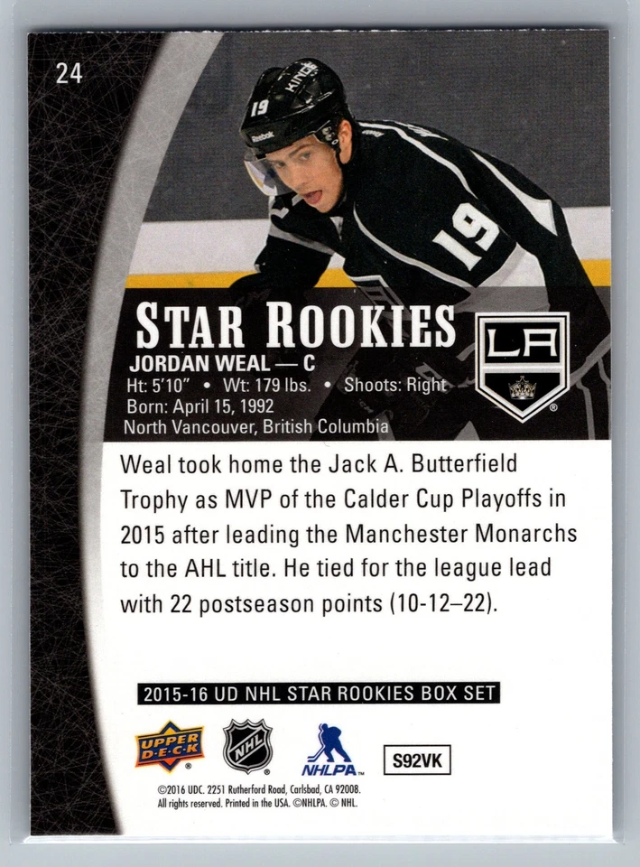 2015-16 Upper Deck Star Rookies #24 Jordan Weal Los Angeles Kings - Image 2 of 2