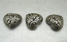 Lot 3 Vintage Antique Silver 800 (?) Heart Shaped Button Covers Ornate - 1  3/8"