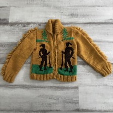 1950s Mary Maxim Cowichan Sweater Frontier Davey Crockett Canoe Handknit Boys M
