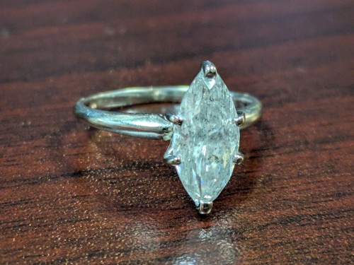 Large 1.7-2ct I I1-I2 Natural Marquise Diamond Solitaire Ring - 14K White Size 6