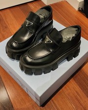 NEW Prada Monolith Brushed Leather Loafers Black Women's Size 7 EU 37