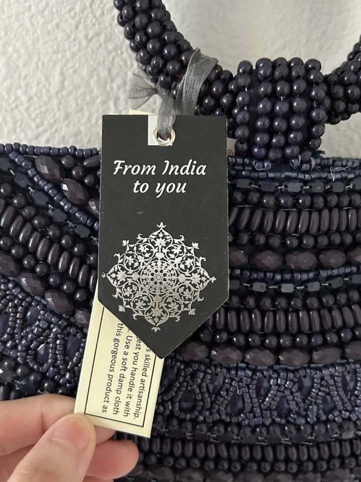 Bolso de cadena hecho a mano en la India con asa superior en forma de media luna azul marino oscuro OS Foto 2 de 4