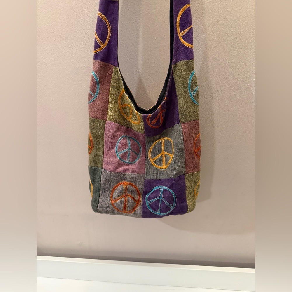 Boho Patchwork Peace Sign Hobo Bag Embroidered Hi… - image 2