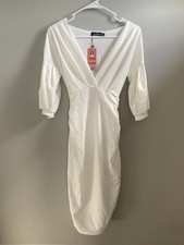 White V-neck bodycon midi Maternity dress Boohoo with puff sleeve & ruching SZ 4