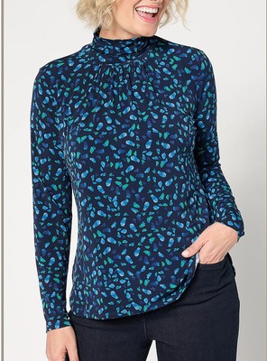 Susan Graver Size 3X Blue Printed Long Sleeve Liquid Knit Mock Neck Top