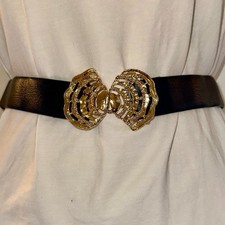 Vintage 70s/80s Dark Navy Blue Adjustable Belt with Gold Seashell Buckle