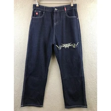 JNCO JEANS Mens Dark Wash Denim Skull Tribal Graphic Pants Size 32