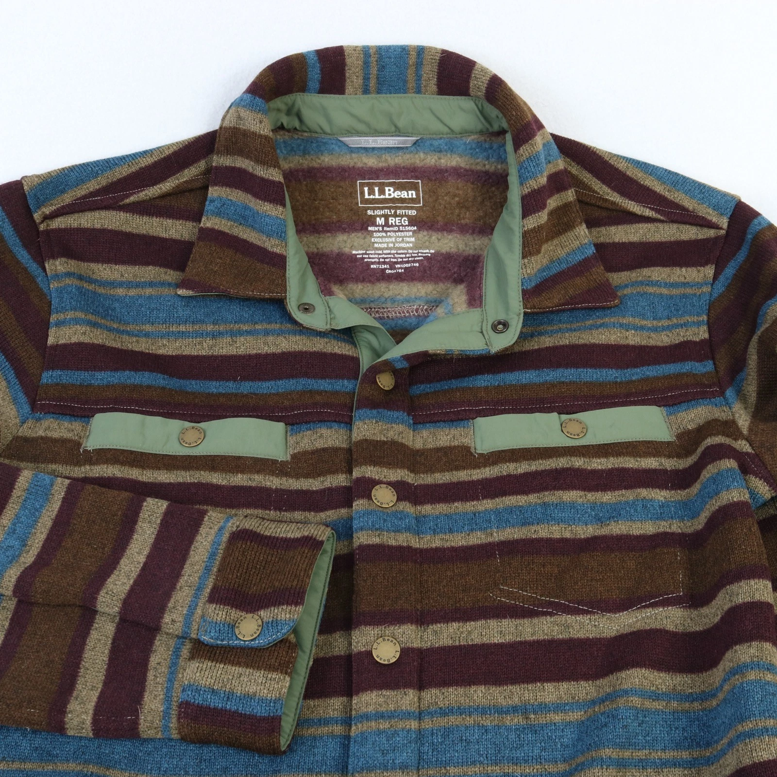 L.L. BEAN MEN’S BEAN’S SWEATER FLEECE SHIRT JAC BLUE BROWN STRIPED SNAP JACKET M