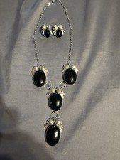 Vintage Sterling Silver Onyx Necklace and Earring Set Native American Signed NS