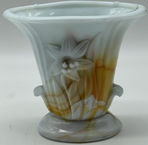Vintage Akro Agate Slag Glass Vase Light Blue Orange Embossed Flowers - Picture 6 of 9