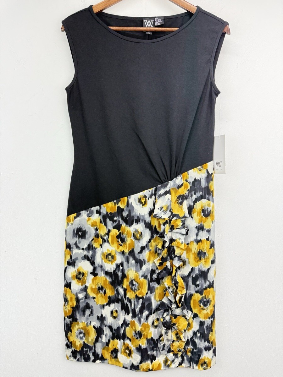 W By Worth size Women’s Black Yellow Floral Sleeveless Sheath Dress NWT