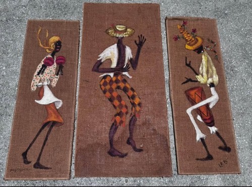 Vintage MCM Calypso Tiki Oil Paintings Lois Rike Brown Florida 1950s 60s Calypso