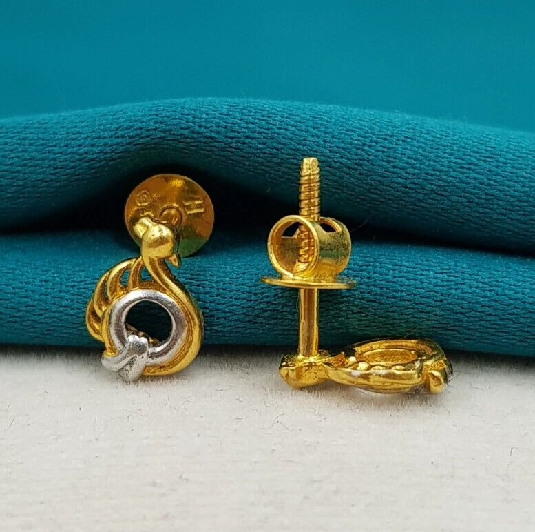 Stud 22K Gold Earrings Rhodium Peacock Design Stud Earrings Plain Solid Gold - Image 3 of 4