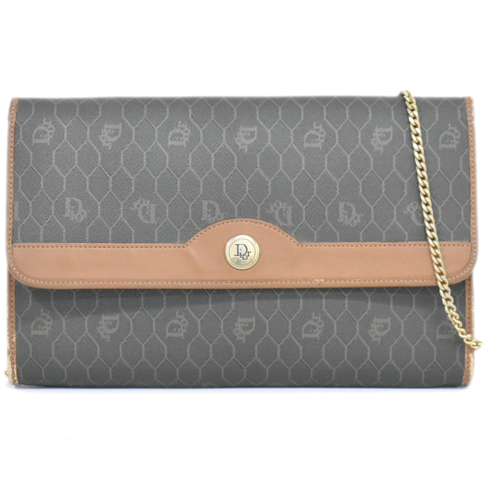 Sac bandoulière Christian Dior nid d'abeille chaîne PVC marron foncé doré