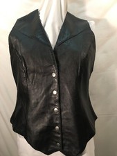Ladies WILSONS black leather 5-snap front vest, L, poly lining, back cinch strap