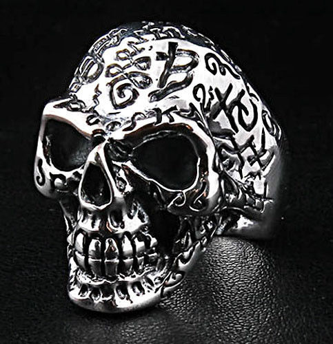 TATTOO SKULL BIG 925 STERLING SILVER MENS RING TRIBAL BIKER ROCKER GOTHIC  PUNK
