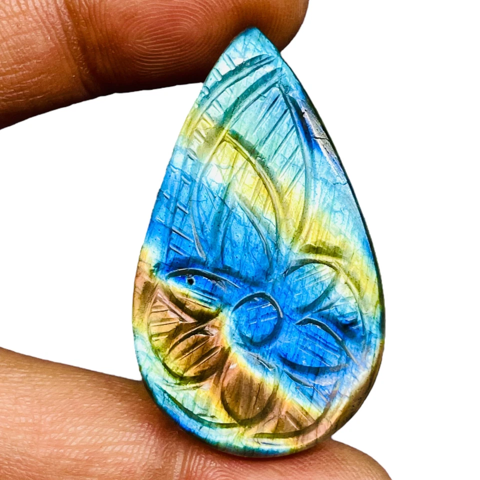 52.45 Cts Natural Carved Labradorit​e 43x25mm Pear Flashy Pendant Size Gemstone - image 2 of 4