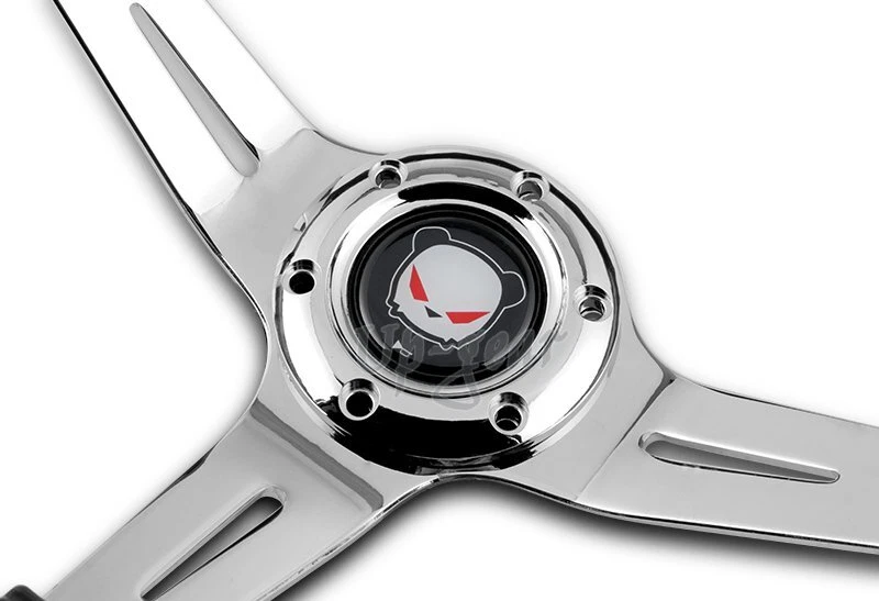 Universal 350MM 6-Hole Class Dark Wood Grip Chrome 3-Spoke Steering Wheel - Image 4 of 4