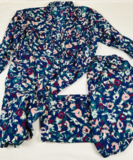 Vtg Olga 2 Pc Set Robe Full Length and Pants Blue Floral Med See Desc