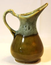 Green and Brown Drip Glaze Small Pottery Pitcher Creamer Vase Marked 94 4.5"