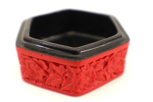Carved Cinnabar TRINKET BOX Scarlet Red Hexagon 2-Piece Floral - Picture 8 of 9