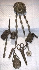 Silver Plated Repoussé Victorian Four Arm Dressmakers Chatelaine Scissors Pencil