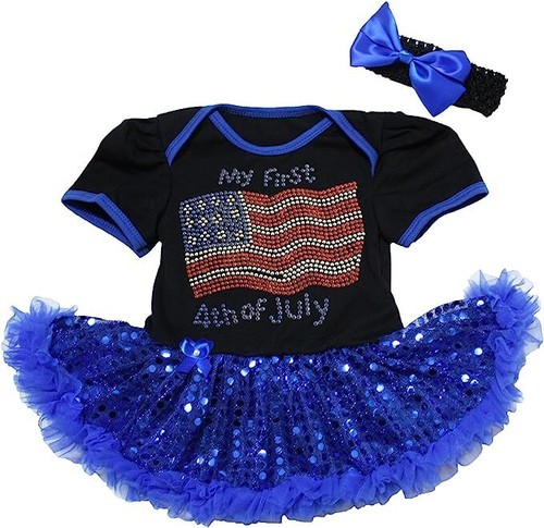 Rhinestones My First USA Flag Bodysuit 4th of July Baby Dress Girl Outfit NB-18M - 第 1/5 張圖片