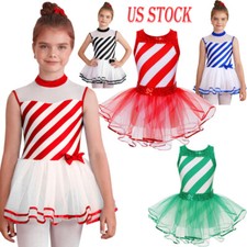 Kid Girl Xmas Candy Cane Dance Dress Miss Santa Cosplay Costume Ballet Skirts
