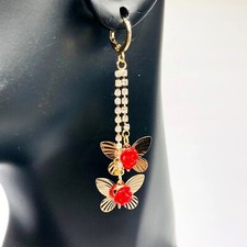 14k Gold Plated Butterfly 3D Red Flower Hoop Drop Dangle Earrings Rose Earrings