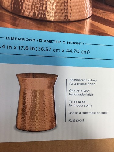 NEW Antique Look Copper Finish Hammered Indoor Metal Accent Stool 14.3"X17.6" - Picture 4 of 12