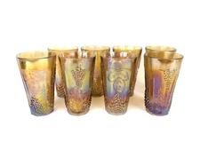 Indiana Glass Gold Carnival Iridescent Set of 8 14 oz Coolers Harvest Grape