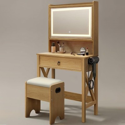 24'' Farmhouse Vanity Desk with Lighted Mirror , Rustic Brown Compact