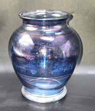 Signed Art Glass Vase Iridescent Blue Striped Banded 5"