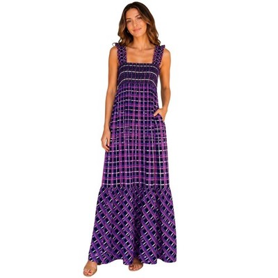 French Connection Purple Plaid Smocked Tiered Maxi Dress with Pockets XS