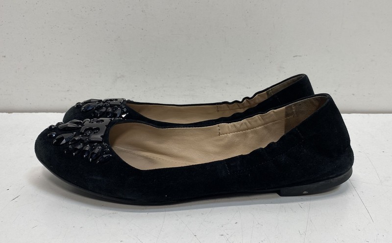 Tory Burch Black Suede Crystal Embellished Logo Ballet Flats Size 8.5