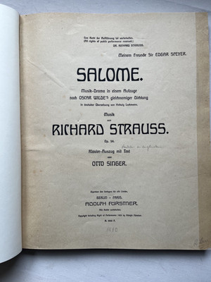 Noten. R. Strauss. Salome. Klavierauszug mit deutschem & englischem Text.