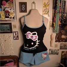 Y2K Sanrio Hello Kitty Tank Top Shorts Pajama Set Women's M Black Blue Fleece