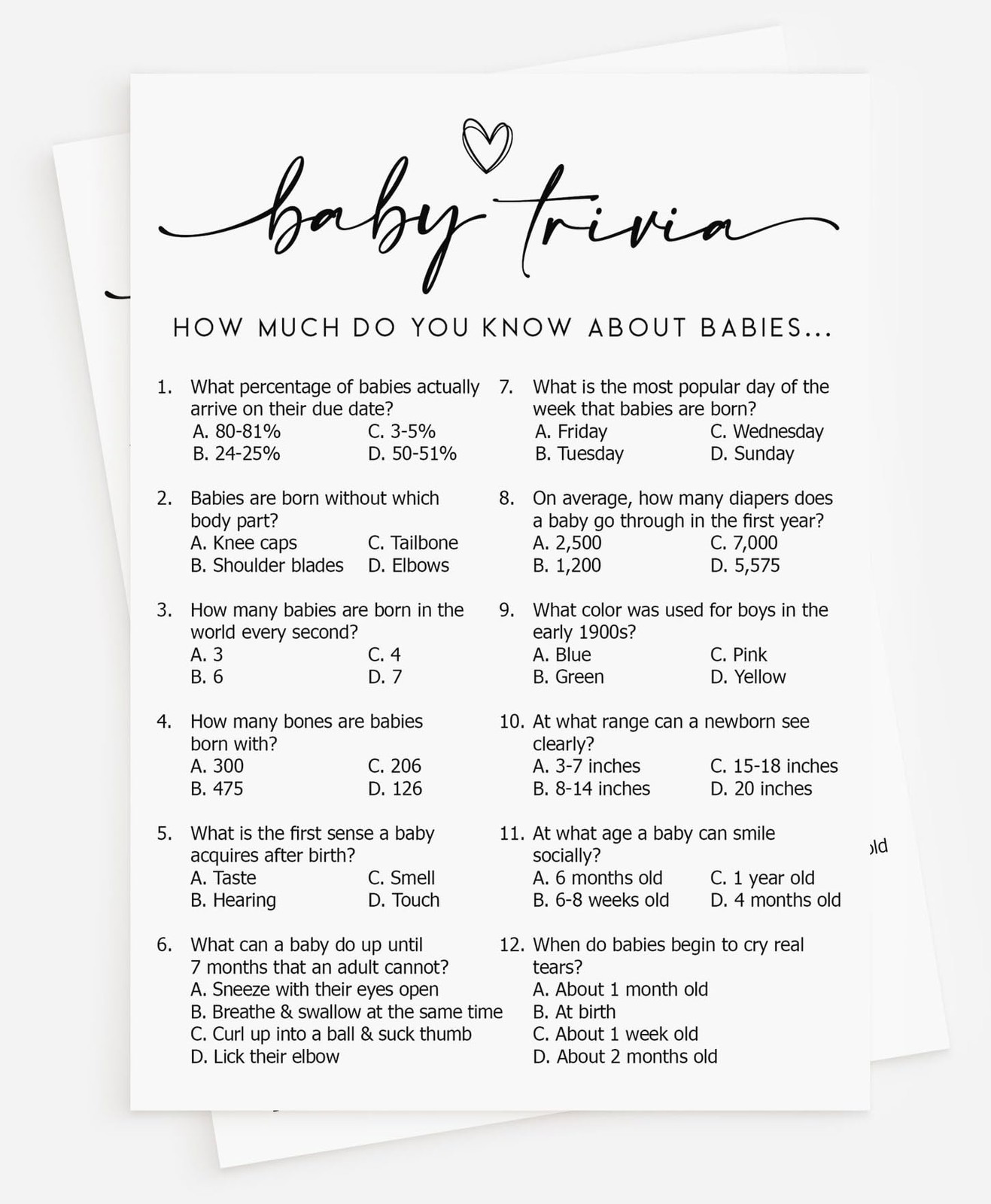 Baby Trivia Game (50-Cards) Fun Baby Shower Game Activity, Gender Neutral Boy