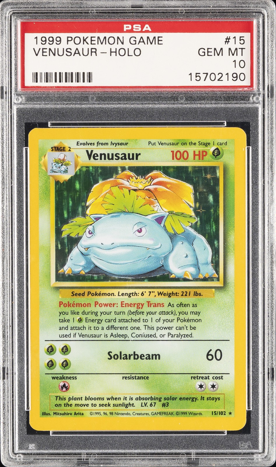 1999 POKEMON BASE SET UNLIMITED #15 VENUSAUR-HOLO PSA 10
