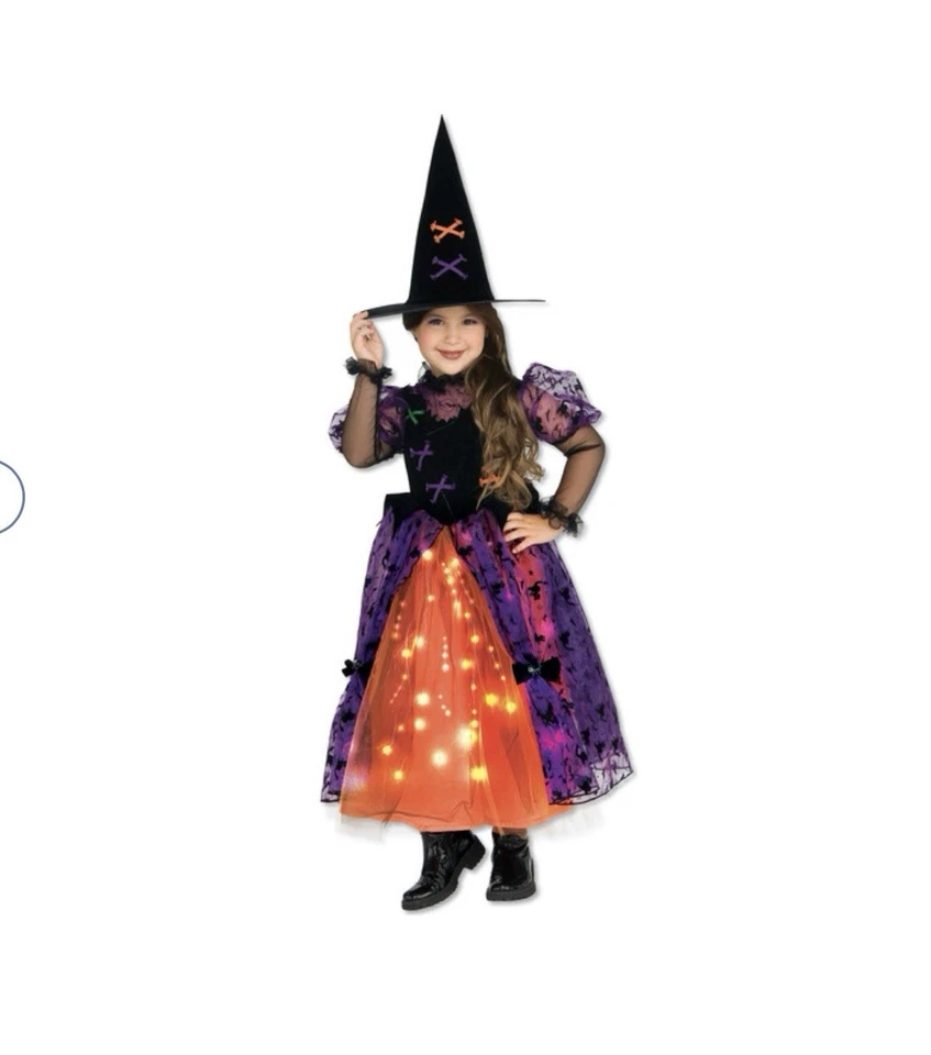 Vestido Disfraz Halloween Bruja Púrpura y Naranja Rubí Niñas Pequeño 4-6 Iluminado Foto 2 de 4
