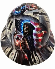 full brim hard hat custom hydro dipped IN AMERICAN GRIM REAPER USA FLAG WAVING