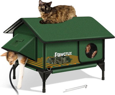Pawcrux insulated/Heated(when need) Outdoor Cat House , Waterproof PVC, Gr