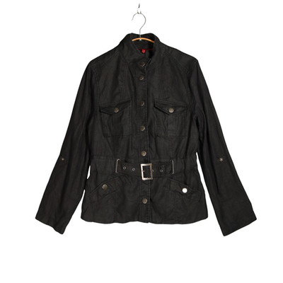 John Richmond Pure Linen Jacket Size UK 12 Black Belted Moto Racer Biker Utility