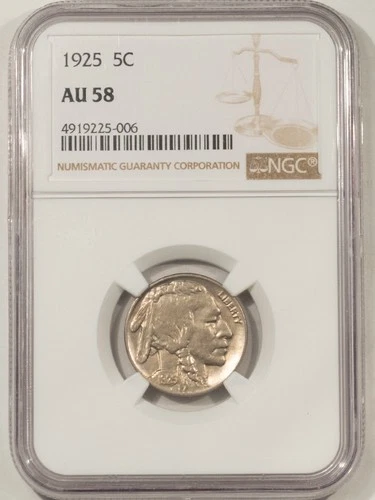 1925 BUFFALO NICKEL - NGC AU-58, LOOKS UNCIRCULATED!