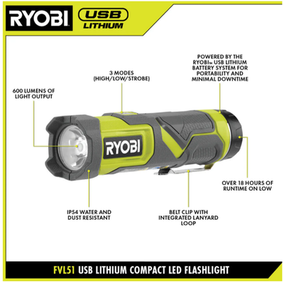 #ad RYOBI USB Lithium Compact LED Flashlight FVL51 * * Bare Tool * * $21.95