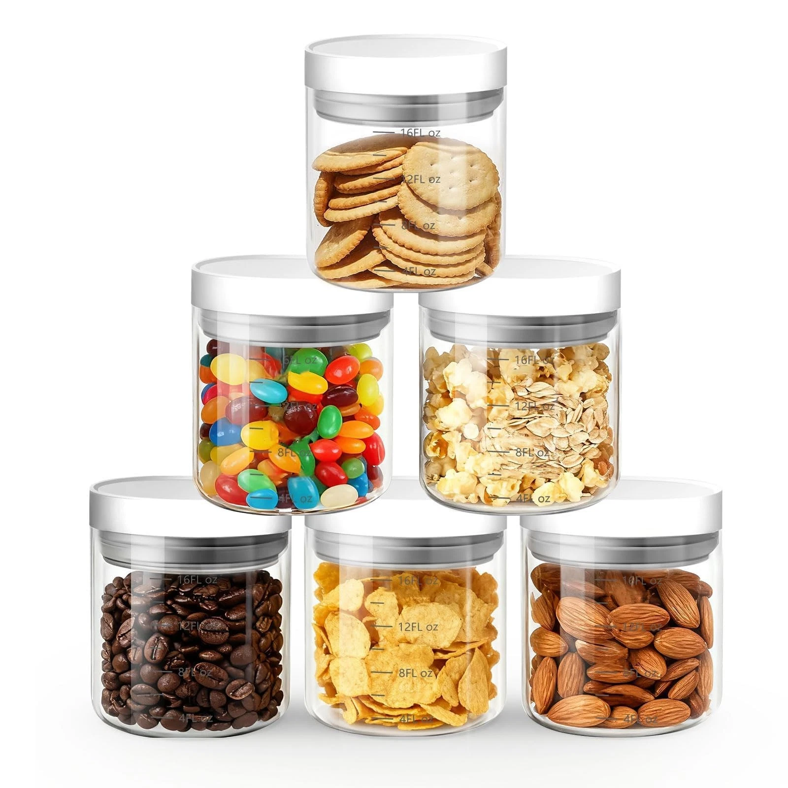 Set of 6 18oz Airtight Glass Storage Canisters with Lids - Pantry Organizers ...