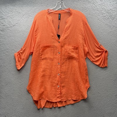 Venti6 Italy Linen Blend Women s Size M Hi Low Button Up Shirt Top  Roll Sleeve